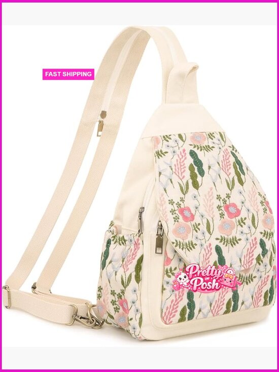 Embroidered Sling Bag Crossbody Backpack Purse Anti-Theft Travel Daypack Canvas